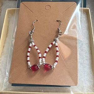 Chic Red and White Beaded Drop Earrings